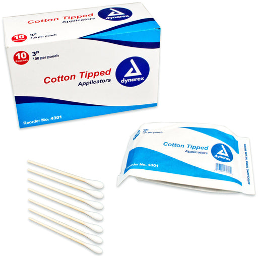 Dynarex 4301 Cotton Tipped Wood Applicators - Non-Sterile, 3"