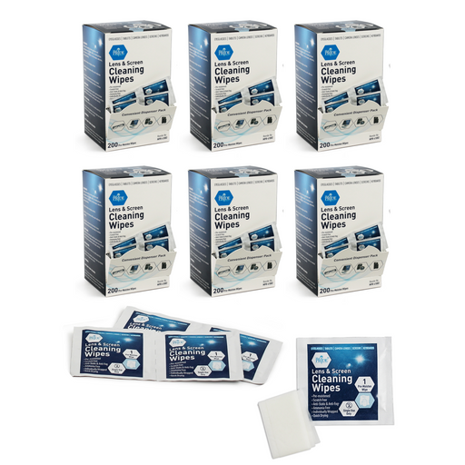 Multiple boxes of lens and screen cleaning wipes on a white background