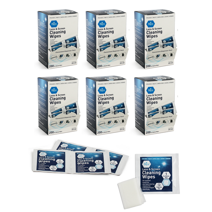 Multiple boxes of lens and screen cleaning wipes on a white background