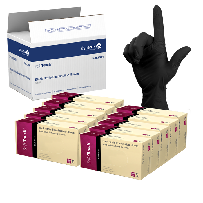 Dynarex 2521 Safe-Touch Black Nitrile Exam Gloves, Small, Powder-Free, Black