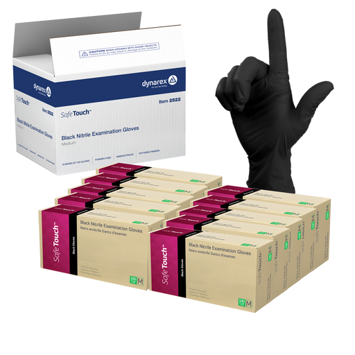 Dynarex 2522 Safe-Touch Black Nitrile Exam Gloves, Medium, Black, Powder-Free