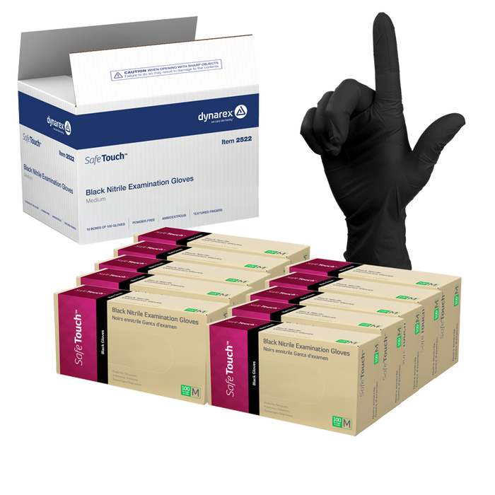 Dynarex 2522 Safe-Touch Black Nitrile Exam Gloves, Medium, Black, Powder-Free