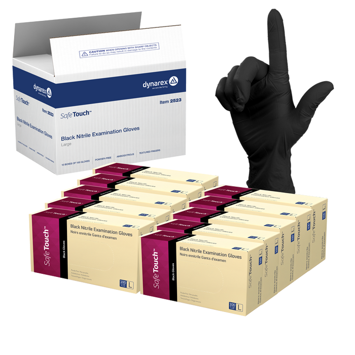 Dynarex 2523 Safe-Touch Black Nitrile Exam Gloves, Large, Powder-Free, Black