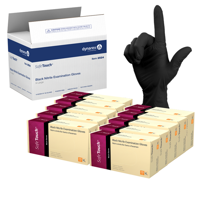 Dynarex 2524 Safe-Touch Black Nitrile Exam Gloves, X-Large, Powder-Free, Black