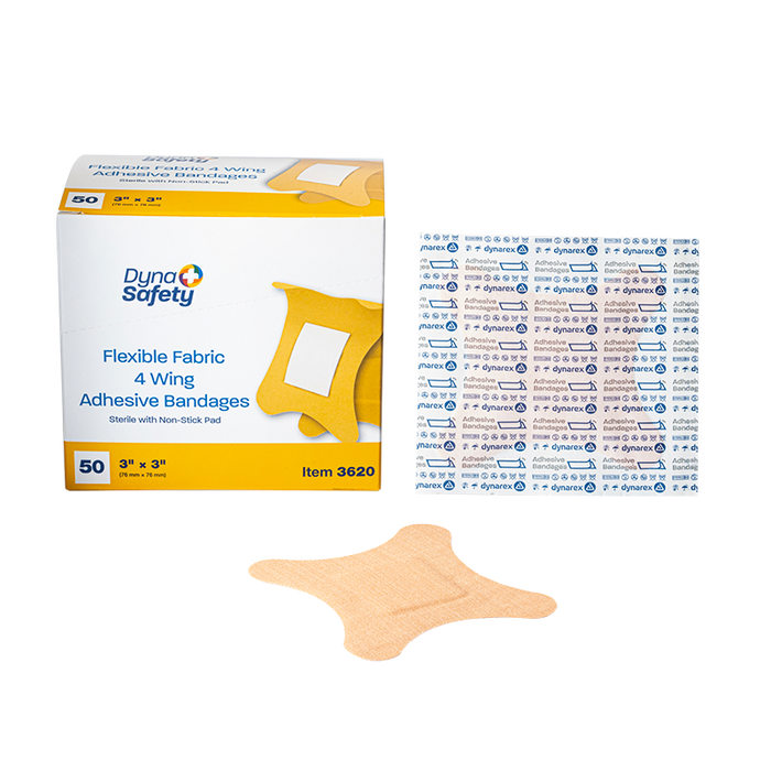Dynarex 3620 Adhesive Fabric Bandages Four Wing - Sterile, 3" x 3"