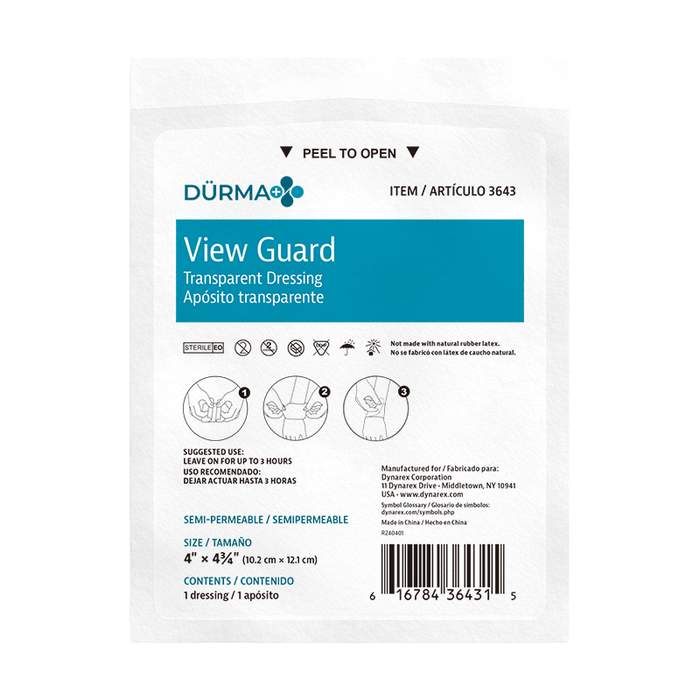 Dynarex 3643 View Guard Transparent Dressings - Sterile, 4" x 4 3/4"