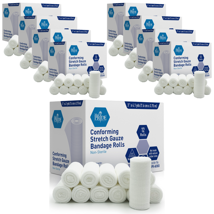 Packs of Conforming Stretch Gauze Bandage Rolls with visible branding on a white background