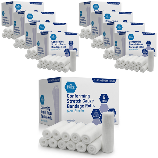 Conforming stretch gauze bandage rolls with packaging on a white background