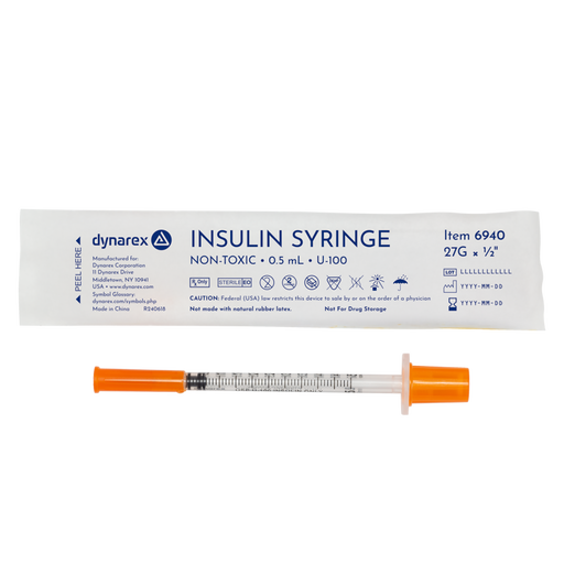 Dynarex 6940 Insulin Syringe - Non-Toxic - Individual Wrapped, 27G, 1/2" Needle, 0.5 cc