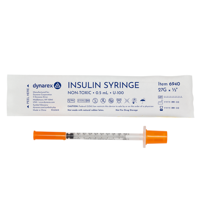 Dynarex 6940 Insulin Syringe - Non-Toxic - Individual Wrapped, 27G, 1/2" Needle, 0.5 cc