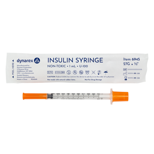 Dynarex 6945 Insulin Syringe - Non-Toxic - Individual Wrapped, 27G, 1/2" Needle, 1 cc