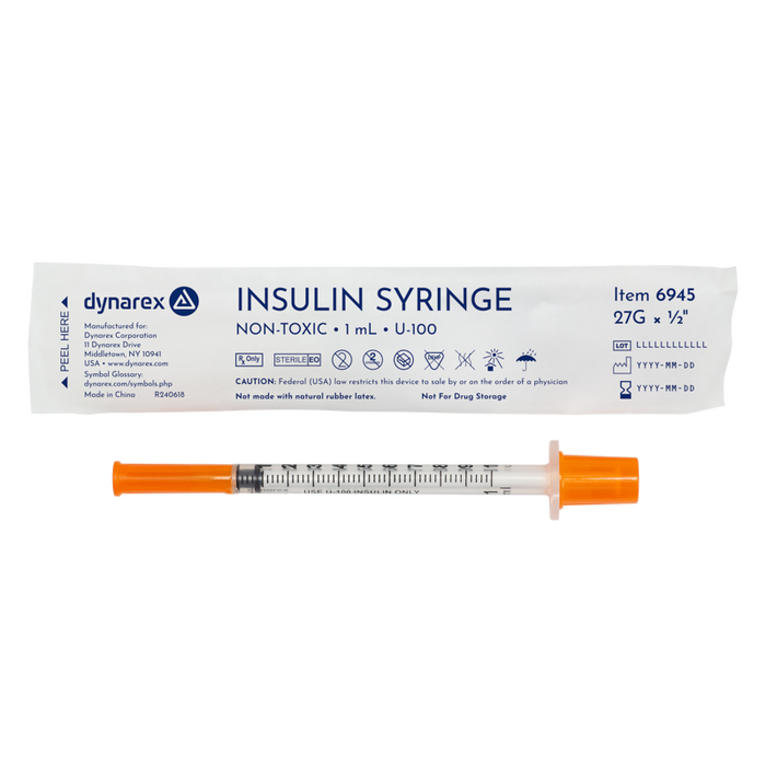 Dynarex 6945 Insulin Syringe - Non-Toxic - Individual Wrapped, 27G, 1/2" Needle, 1 cc