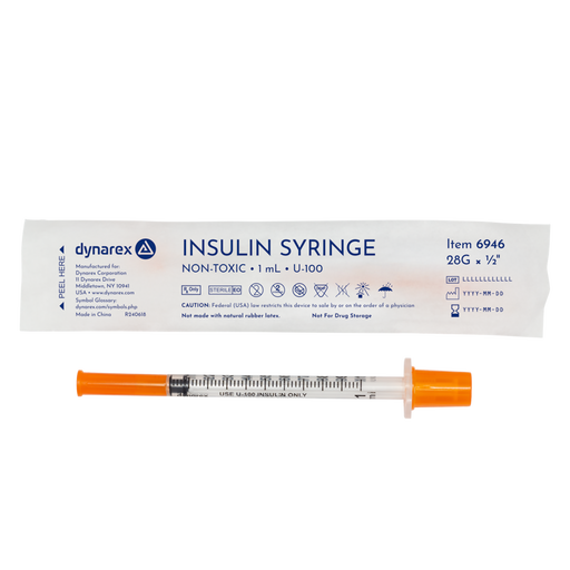 Dynarex 6946 Insulin Syringe - Non-Toxic - Individual Wrapped, 28G, 1/2" Needle, 1 cc