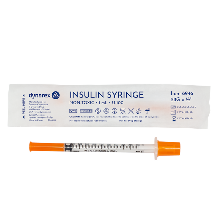 Dynarex 6946 Insulin Syringe - Non-Toxic - Individual Wrapped, 28G, 1/2" Needle, 1 cc