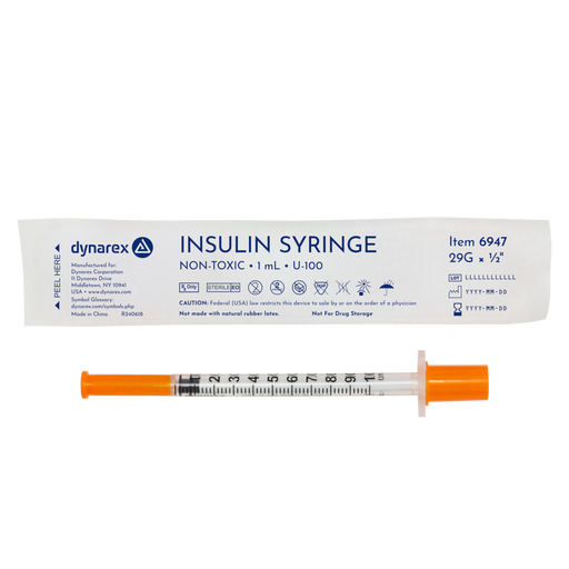 Dynarex 6947 Insulin Syringe - Non-Toxic - Individual Wrapped, 29G, 1/2" Needle, 1 cc