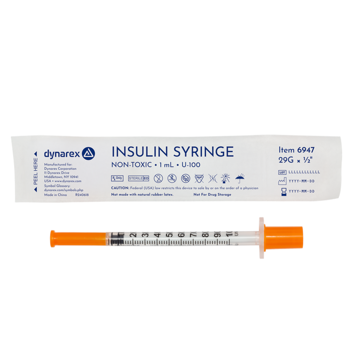 Dynarex 6947 Insulin Syringe - Non-Toxic - Individual Wrapped, 29G, 1/2" Needle, 1 cc