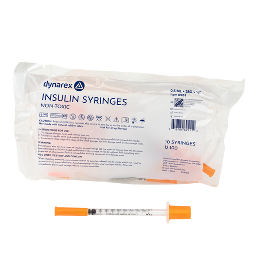 Dynarex 6951 Insulin Syringe - Non-Toxic, 28G, 1/2" Needle, 0.5 cc