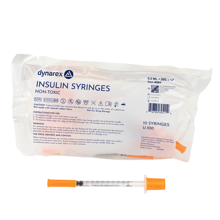 Dynarex 6951 Insulin Syringe - Non-Toxic, 28G, 1/2" Needle, 0.5 cc