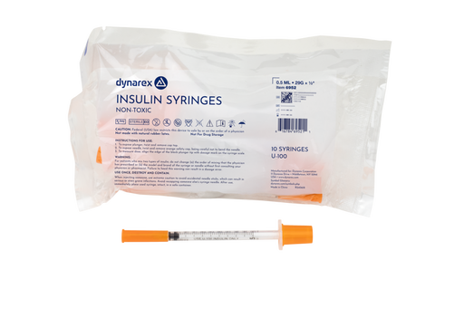 Dynarex 6952 Insulin Syringe - Non-Toxic, 29G, 1/2" Needle, 0.5 cc