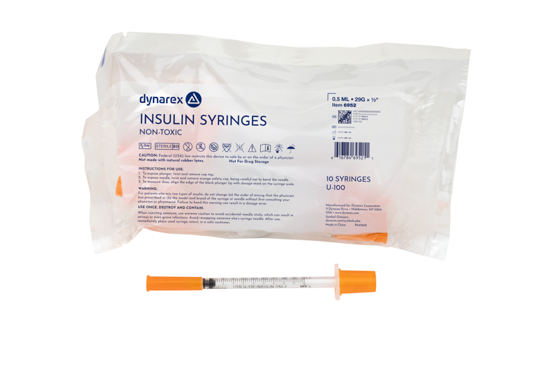 Dynarex 6952 Insulin Syringe - Non-Toxic, 29G, 1/2" Needle, 0.5 cc
