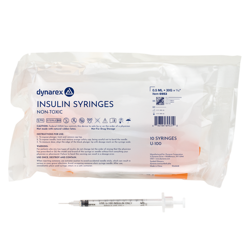 Dynarex 6953 Insulin Syringe - Non-Toxic, 30G, 5/16" Needle, 0.5 cc