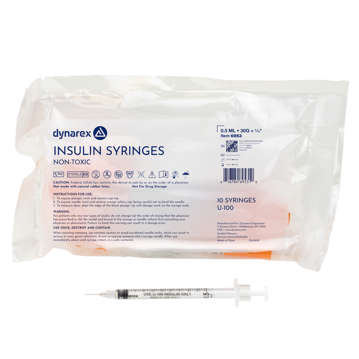 Dynarex 6953 Insulin Syringe - Non-Toxic, 30G, 5/16" Needle, 0.5 cc