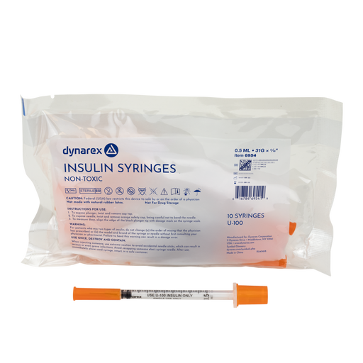 Dynarex 6954 Insulin Syringe - Non-Toxic, 31G, 5/16" Needle, 0.5 cc