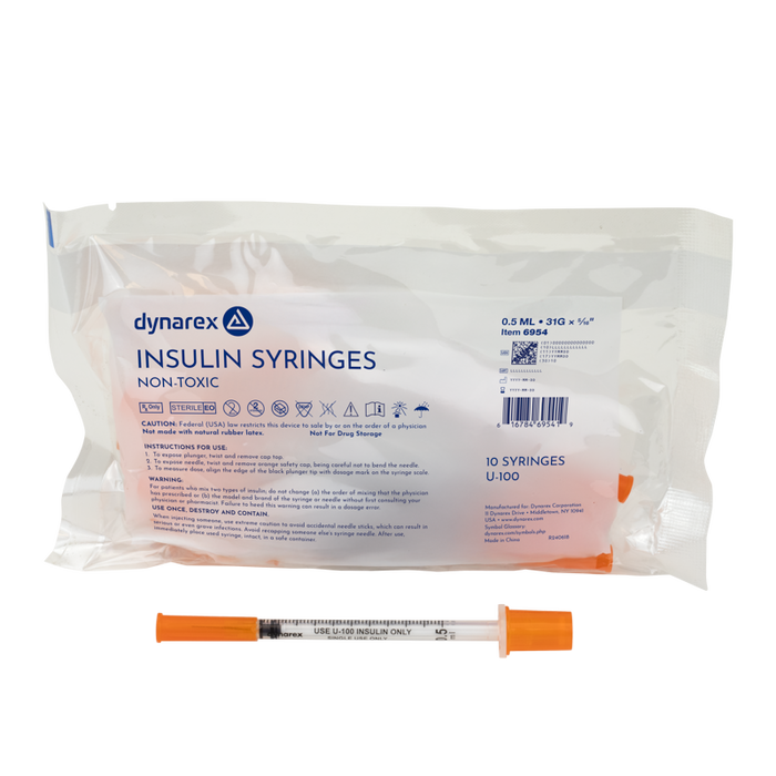 Dynarex 6954 Insulin Syringe - Non-Toxic, 31G, 5/16" Needle, 0.5 cc
