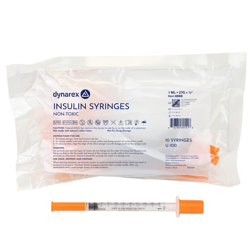Dynarex 6955 Insulin Syringe - Non-Toxic, 27G, 1/2" Needle, 1 cc
