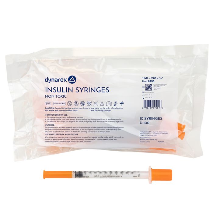 Dynarex 6955 Insulin Syringe - Non-Toxic, 27G, 1/2" Needle, 1 cc