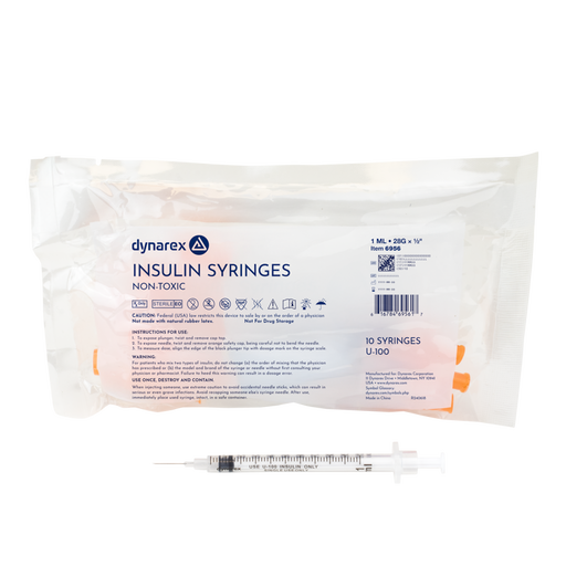 Dynarex 6956 Insulin Syringe - Non-Toxic, 28G, 1/2" Needle, 1 cc
