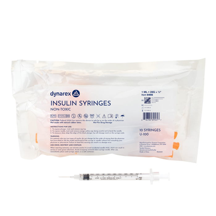 Dynarex 6956 Insulin Syringe - Non-Toxic, 28G, 1/2" Needle, 1 cc
