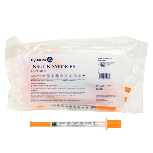 Dynarex 6957 Insulin Syringe - Non-Toxic, 29G, 1/2" Needle, 1 cc