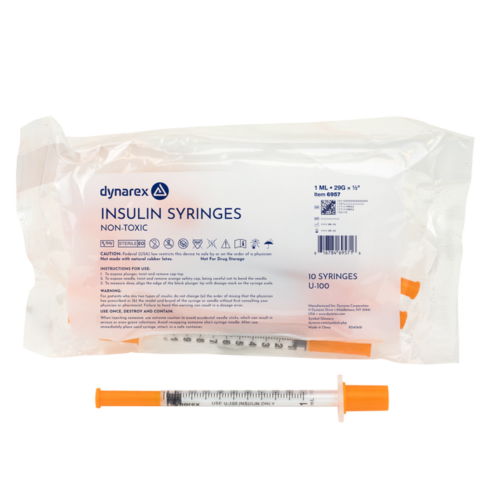 Dynarex 6957 Insulin Syringe - Non-Toxic, 29G, 1/2" Needle, 1 cc