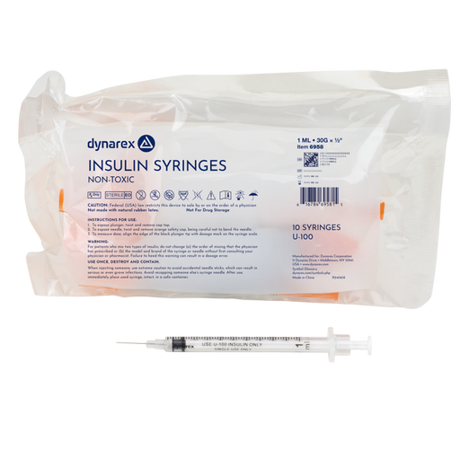 Dynarex 6958 Insulin Syringe - Non-Toxic, 30G, 1/2" Needle, 1 cc