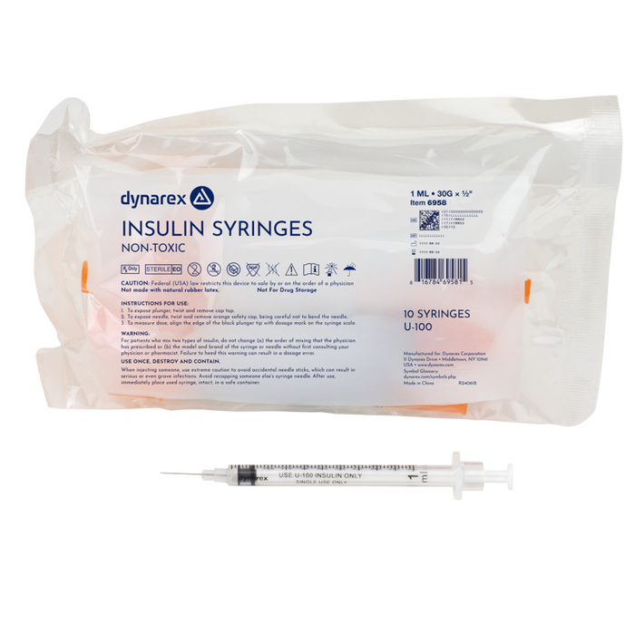 Dynarex 6958 Insulin Syringe - Non-Toxic, 30G, 1/2" Needle, 1 cc