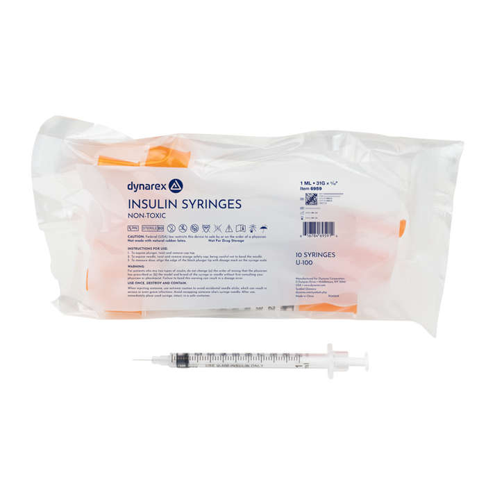 Dynarex 6959 Insulin Syringe - Non-Toxic, 31G, 5/16" Needle, 1 cc
