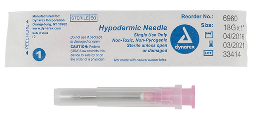 Dynarex 6960 Hypodermic Needle - Non-Toxic, 18G, 1" Needle