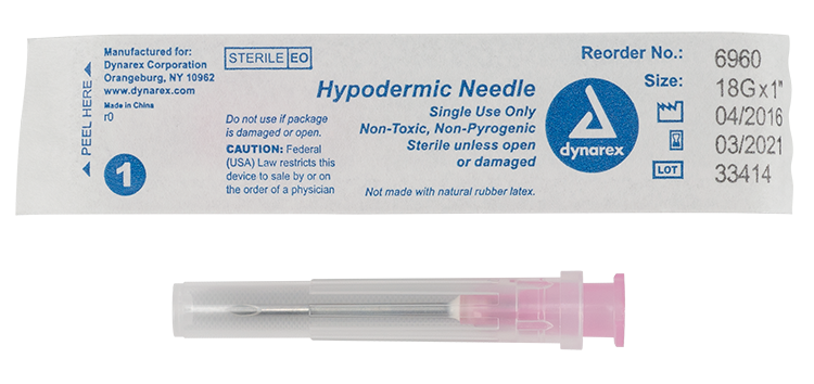 Dynarex 6960 Hypodermic Needle - Non-Toxic, 18G, 1" Needle