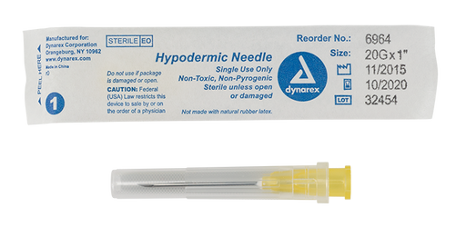 Dynarex 6964 Hypodermic Needle - Non-Toxic, 20G, 1" Needle