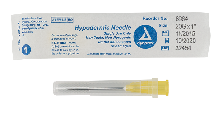 Dynarex 6964 Hypodermic Needle - Non-Toxic, 20G, 1" Needle
