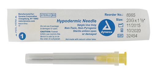 Dynarex 6965 Hypodermic Needle - Non-Toxic, 20G, 1 1/2" Needle