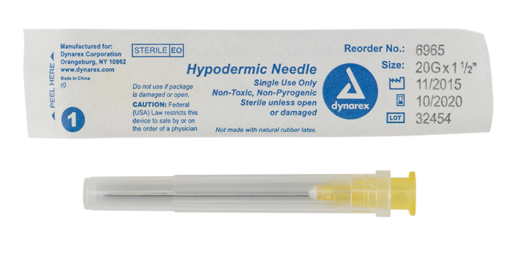Dynarex 6965 Hypodermic Needle - Non-Toxic, 20G, 1 1/2" Needle