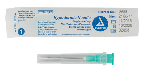 Dynarex 6966 Hypodermic Needle - Non-Toxic, 21G, 1 " Needle