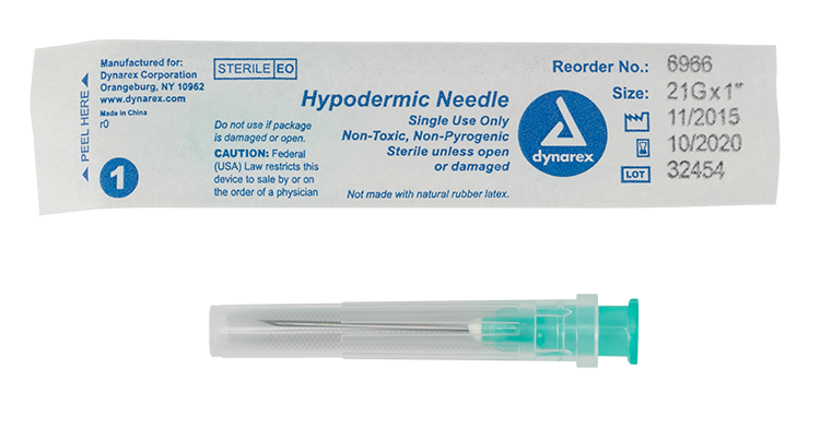 Dynarex 6966 Hypodermic Needle - Non-Toxic, 21G, 1 " Needle