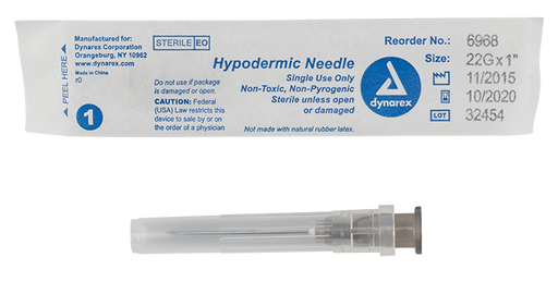Dynarex 6968 Hypodermic Needle - Non-Toxic, 22G, 1" Needle