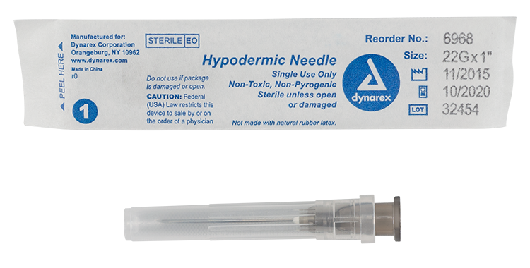 Dynarex 6968 Hypodermic Needle - Non-Toxic, 22G, 1" Needle