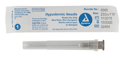 Dynarex 6969 Hypodermic Needle - Non-Toxic, 22G, 1 1/2" Needle