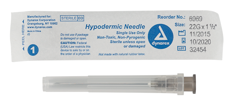 Dynarex 6969 Hypodermic Needle - Non-Toxic, 22G, 1 1/2" Needle
