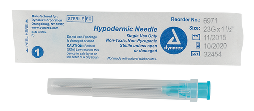 Dynarex 6971 Hypodermic Needle - Non-Toxic, 23G, 1 1/2" Needle